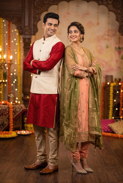 Young indian couple in traditional wear on traditional festival
