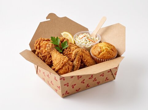 Southern buttermilk fried chicken combo with coleslaw and cornbread in Christmas kraft box on white background