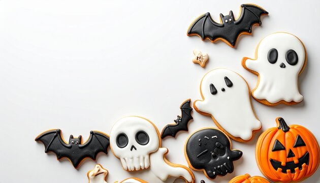 Assorted Halloween sugar cookies decorated with royal icing as black bats, white ghosts, skulls, skulls and orange jack-o'-lantern pumpkins scattered on white background, festive homemade holiday baki