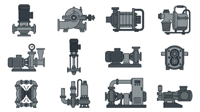 Collection of various industrial water pumps and fluid handling equipment.