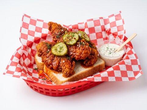 Nashville hot fried chicken tenders with pickles and ranch dressing in Christmas diner basket on white