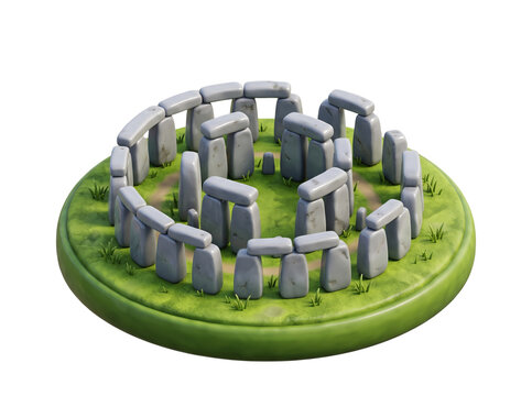 Stonehenge neolithic stone circle 3d model with green grass path for video game.
