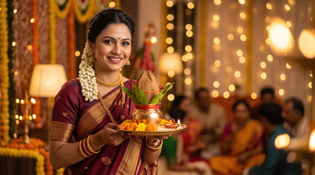 Young beautiful indian woman in traditional wear holding puja thali or oil lamp plate