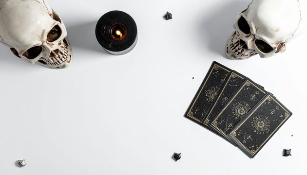 Top view flat lay of two white skulls, black crystal ball and dark tarot cards arranged on white surface for halloween occult mystical and divination concept