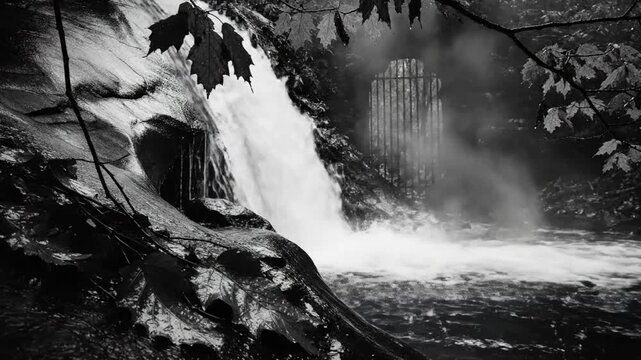 Black and white view of a waterfall cascading into a pool of water, with a gate in the mist