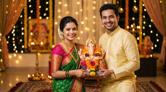 Happy Indian couple in traditional wear celebrating the Lord Ganesha festival with devotion, prayers, and festive joy.