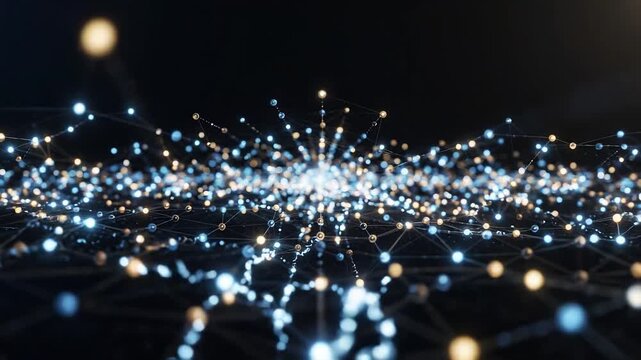 Abstract digital network composed of glowing interconnected nodes and data points on a dark background, representing artificial intelligence, big data, connectivity, cybersecurity, cloud computing, di