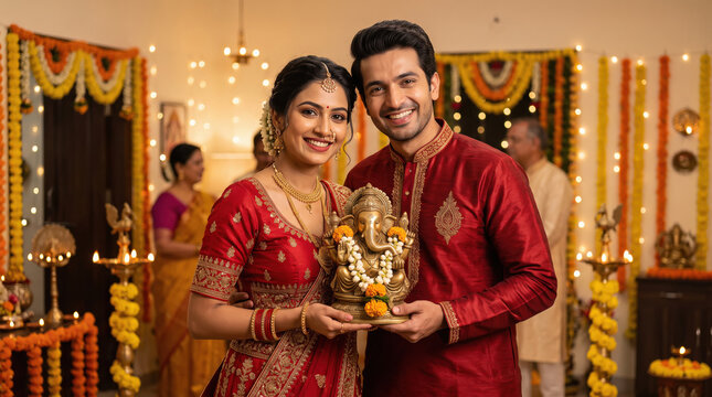 Happy Indian couple in traditional wear celebrating the Lord Ganesha festival with devotion, prayers, and festive joy.