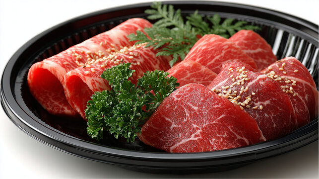 Mixed beef platter in round tray for an authentic mixed beef platter yakiniku concept, capturing raw marbled beef rolls and slices with sesame on white background.