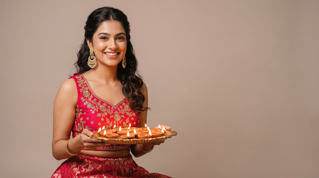 Young beautiful indian woman in traditional wear holding puja thali or oil lamp plate