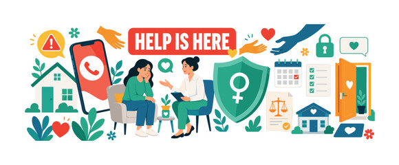 Naklejka premium Women Crisis Support banner featuring a woman meeting with a counselor beside an oversized emergency phone and large shield; safe house, support hands, warning sign, heart, privacy lock, medical