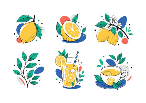 Lemon Branch Botanicals &mdash; colorful editorial illustration set, 6 mini botanical illustrations in 3x2 layout featuring whole lemon, half lemon, lemon branch, leaves, lemonade glass, and tea with