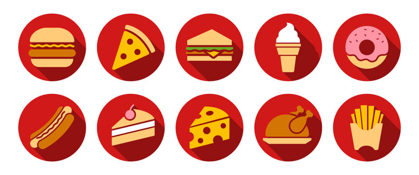 Fast Food Icon Collection With Burger Pizza Sandwich Ice Cream Donut Hot Dog Cake Cheese Chicken And French Fries Retro Flat Design