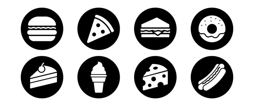Fast Food Icon Set With Burger Pizza Sandwich Donut Cake Ice Cream Cheese And Hot Dog For Restaurant Menu Branding Packaging And App Design
