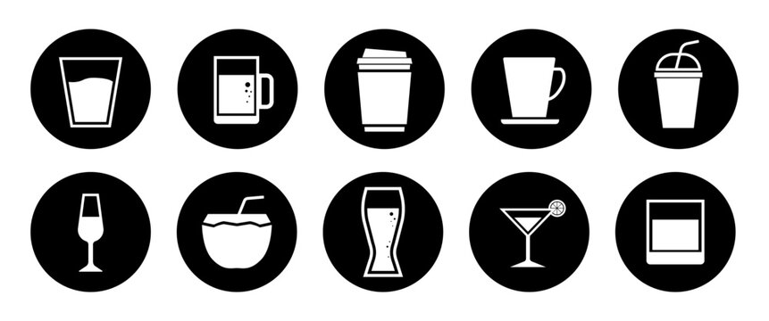 Drinks Menu Icon Set With Coffee Juice Wine Cocktail Beer Water And Beverage Symbols For Cafe Restaurant Bar App UI And Branding Design