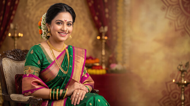 Young beautiful indian woman in traditional saree and gold jwellery