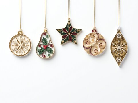 Elegant paper quilling hanging Christmas ornaments banner with copy space isolated on white background