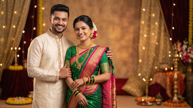 Young indian couple in traditional wear on traditional festival