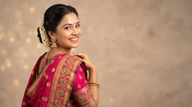 Young beautiful indian woman in traditional saree and gold jwellery
