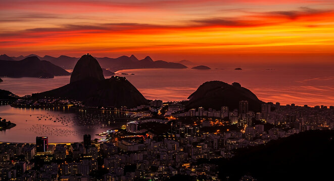 Dramatic fiery sunset over a coastal city nestled between mountains and ocean, showcasing urban lights and serene water, symbolizing twilight beauty and urban sprawl