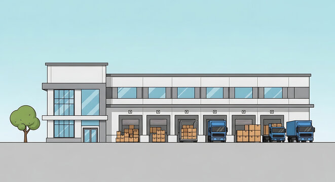 Modern warehouse building with trucks with Warehouse facility loading docks trucks boxes distribution