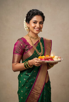 Young beautiful indian woman in traditional saree holding puja thali