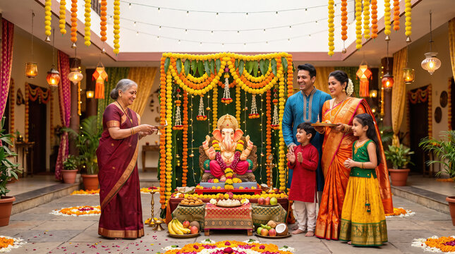 Happy Indian family in traditional attire celebrating the Lord Ganesha festival together with devotion, prayers, festive decorations