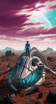 An astronaut stands atop a colossal alien skeleton in a desolate landscape under a purple sky with rings, representing discovery and exploration.