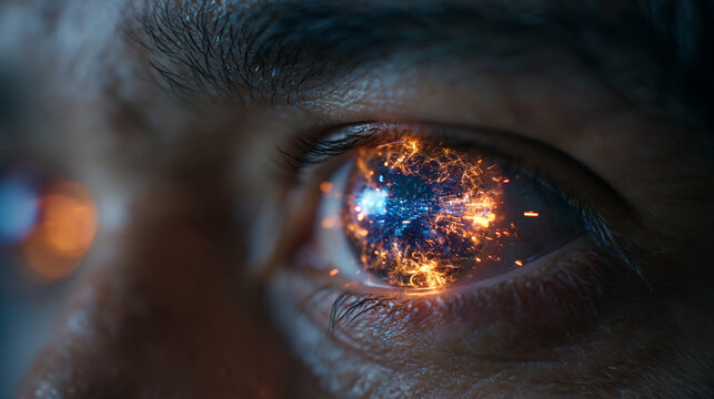 Close-up of Futuristic Eye with Glowing AI Neural Network