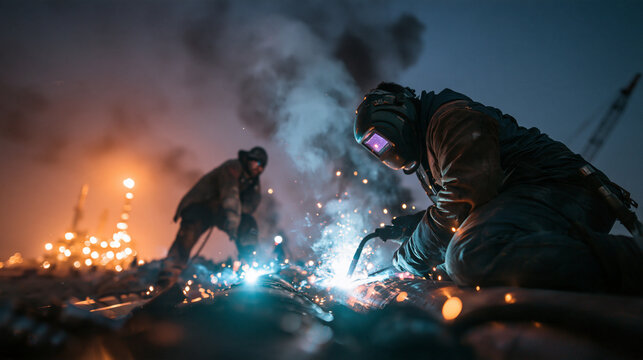 Welder Working on Metal Pipeline at Night