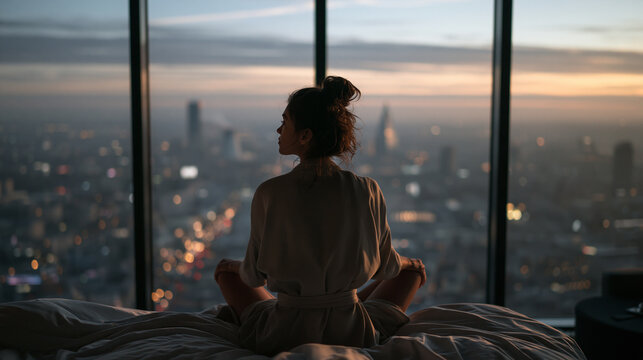 Woman Meditating on Bed Overlooking City Skyline at Dawn