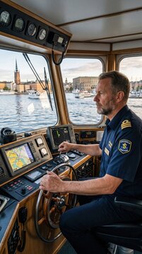 A male captain in uniform steers a ferry through a harbor with city buildings visible through the bridge windows.