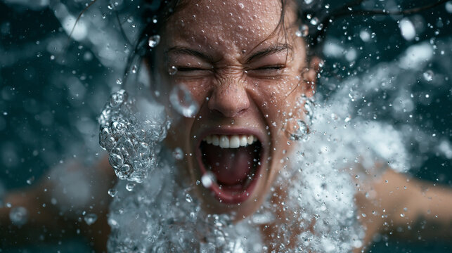 Woman Screaming While Emerging From Water With Splash