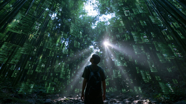 Man in Forest Surrounded by Digital Code Overlay