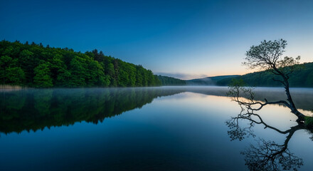 Obraz premium Serene lake with mist at dawn, reflecting lush forest and a gnarled tree, symbolizing peace, nature, and tranquility, ideal for calm ambiance.