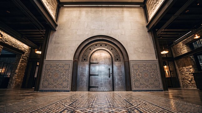 Arched Metal Vault Door in Ornate Mosaic Interior