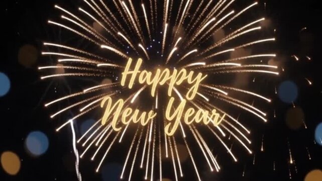 Festive golden text greeting for new year day celebration featuring bright fireworks display and beautiful glowing bokeh light background