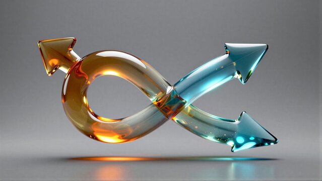 Glass arrows intertwine, glowing with orange and blue hues against a dark backdrop.