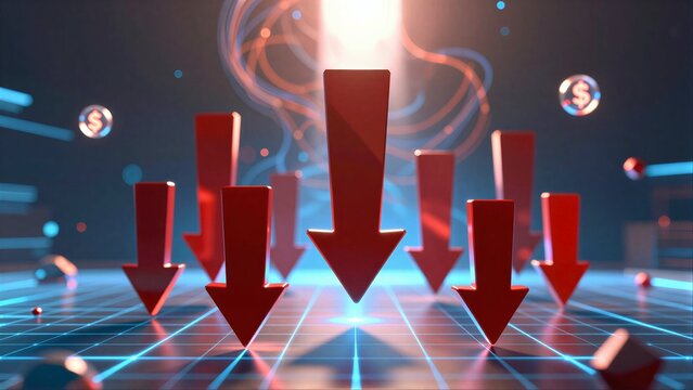 Red arrows point down amidst glowing dollar signs, symbolizing financial decline.
