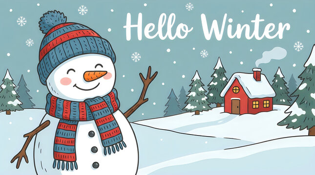 Cute snowman wearing a scarf in a snowy winter landscape illustration