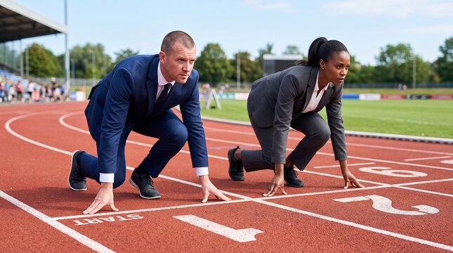 Man and woman in business attire at starting blocks on a running track, symbolizing competition, career, and achievement