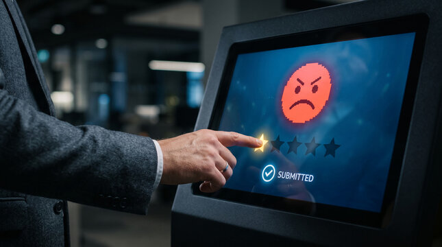 Man's finger touches screen rating 1 star on angry emoji feedback, showing poor customer experience and dissatisfaction, symbolizing negative review.
