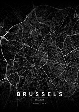 Brussels City Map Poster, Noir Style Urban Street Grid Illustration