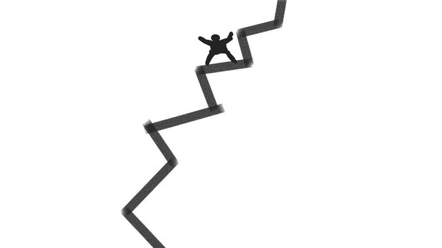 A character in the form of a small man is trying to hold on to an angular, shaking structure.