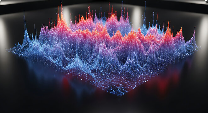 Abstract data visualization showing a glowing three dimensional landscape with blue with against dark reflective
