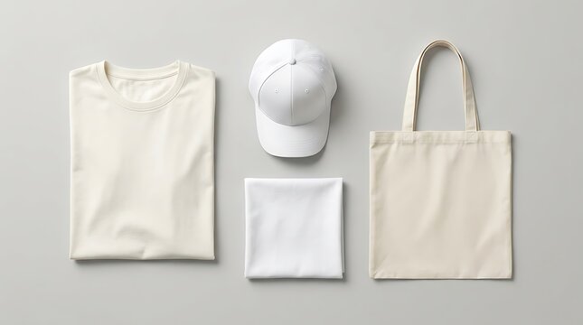White folded t-shirt with cap and canvas bag mockup set