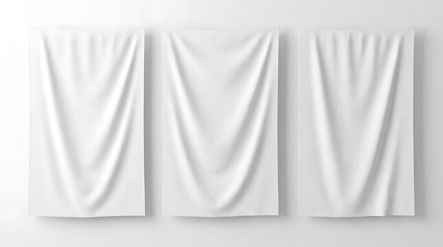 Three hanging white fabric banners displaying clean soft wavy folds