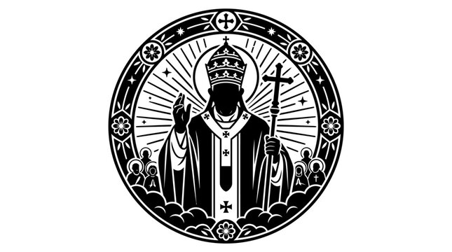 Black and white illustration of the Pope with religious symbols.