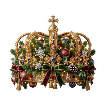 Ornate gold royal crown, festive Christmas holiday centerpiece, luxury regal winter decoration