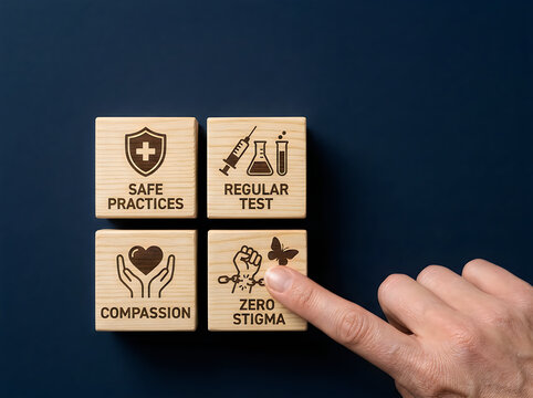 Wooden blocks featuring medical icons for safe practices and zero stigma are pressed by human finger on dark blue surface